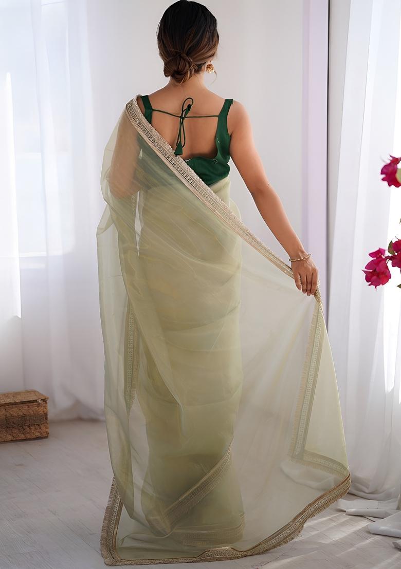 Green Lace Work Silk Saree Set - Indya