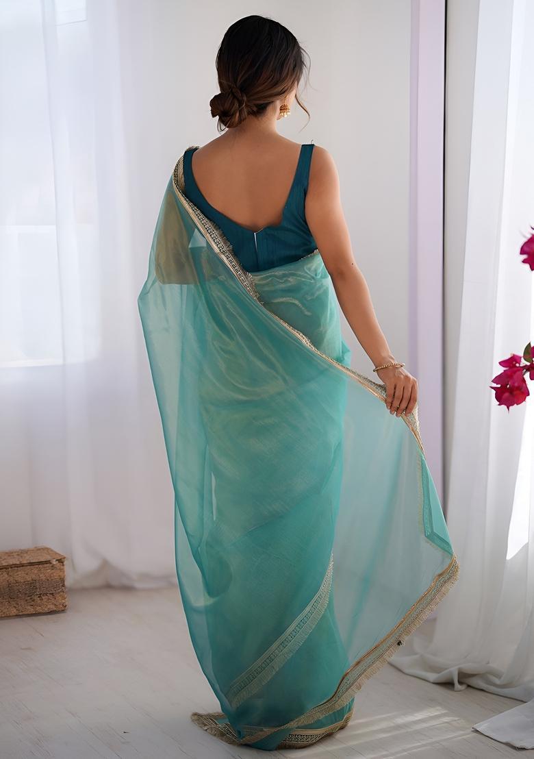 Teal Lace Work Silk Saree Set - Indya
