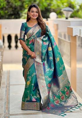 Aqua Rama Woven Silk Saree Set