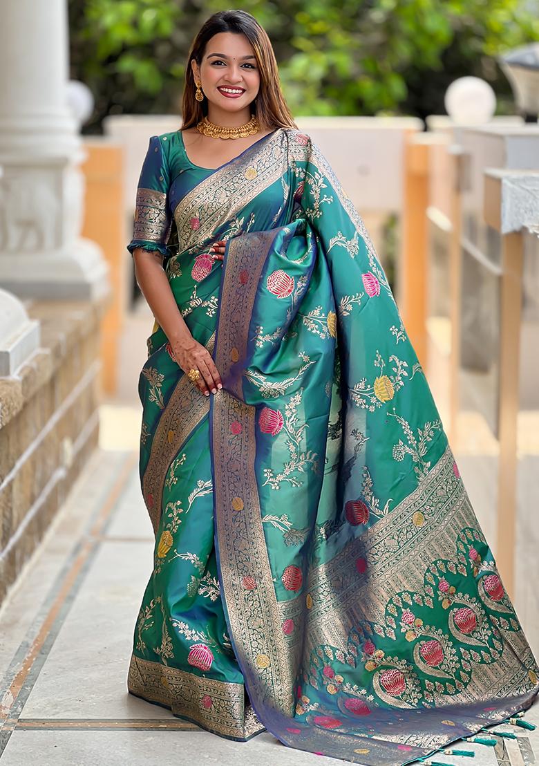 Aqua Rama Woven Silk Saree Set - Indya