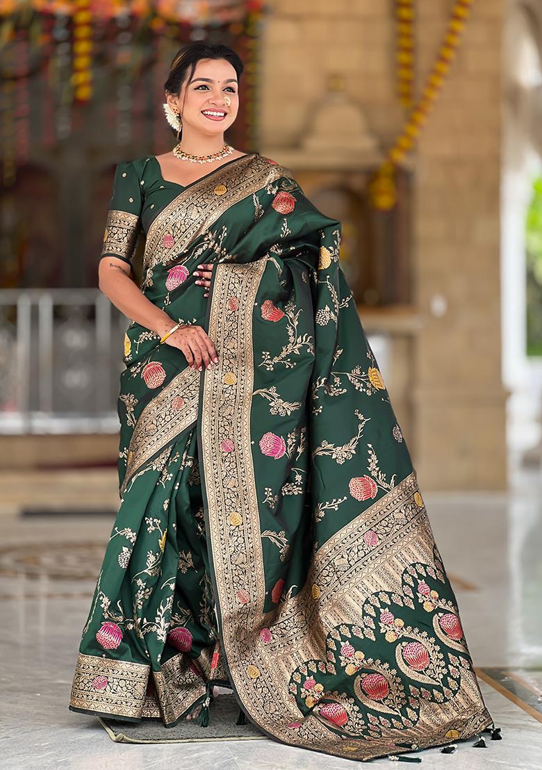 Bottle Green Woven Silk Saree Set - Indya