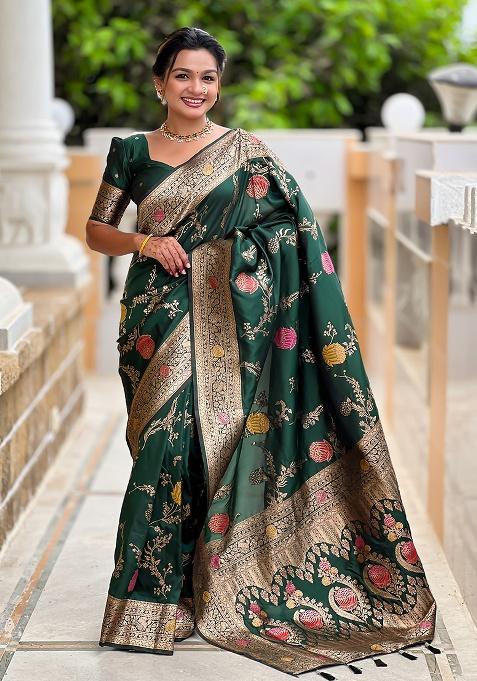 Bottle Green Woven Silk Saree Set