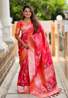 Gajari Pink Woven Silk Saree Set