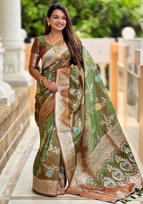 Mehendi Woven Silk Saree Set