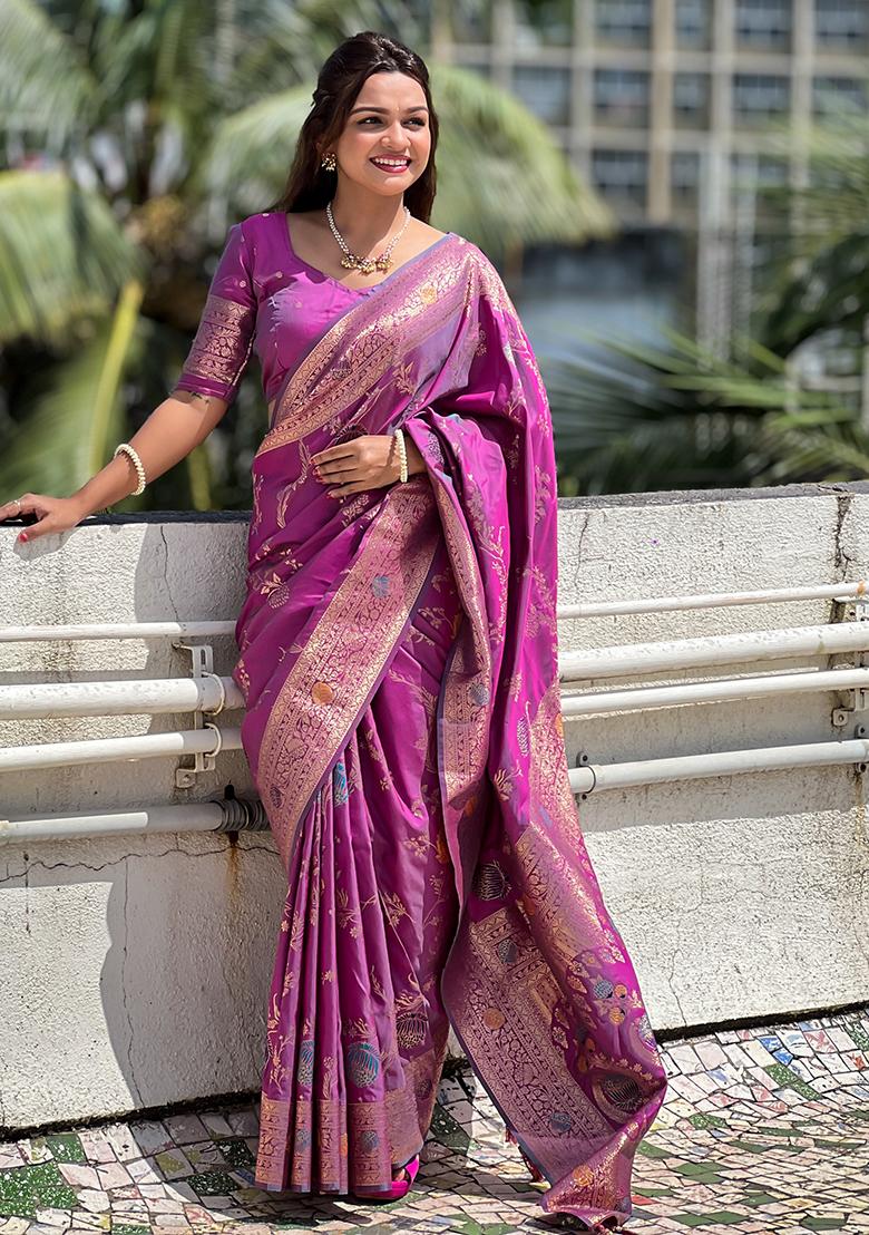 Onion Woven Silk Saree Set - Indya