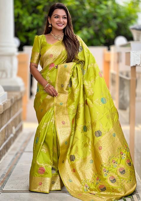 Perrot Green Woven Silk Saree Set