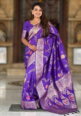 Purple Woven Silk Saree Set