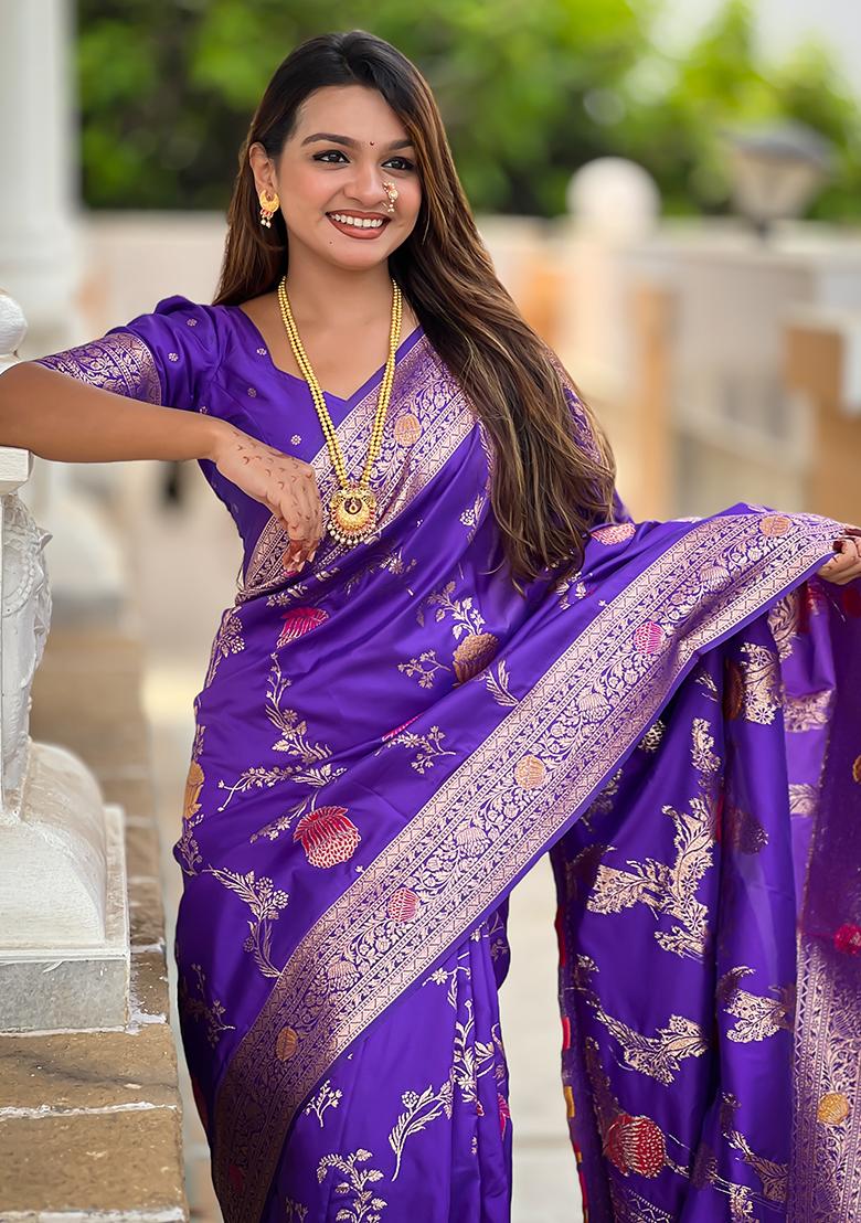 Purple Woven Silk Saree Set - Indya