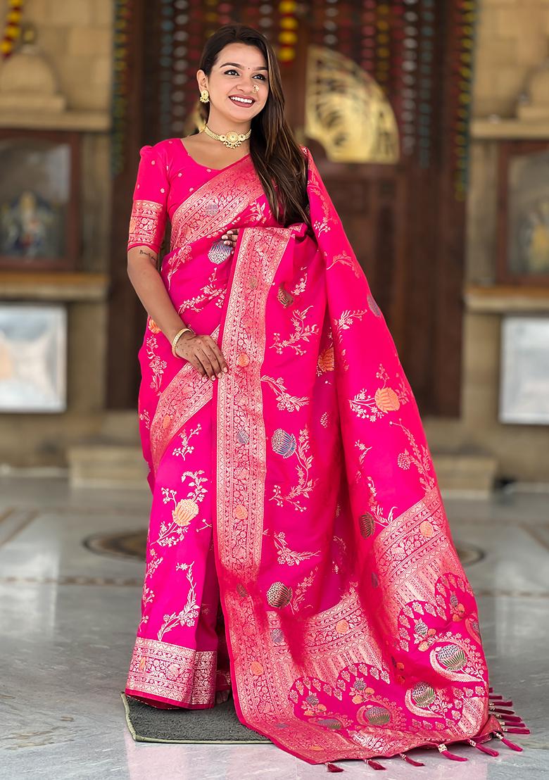 Rani Pink Woven Silk Saree Set - Indya