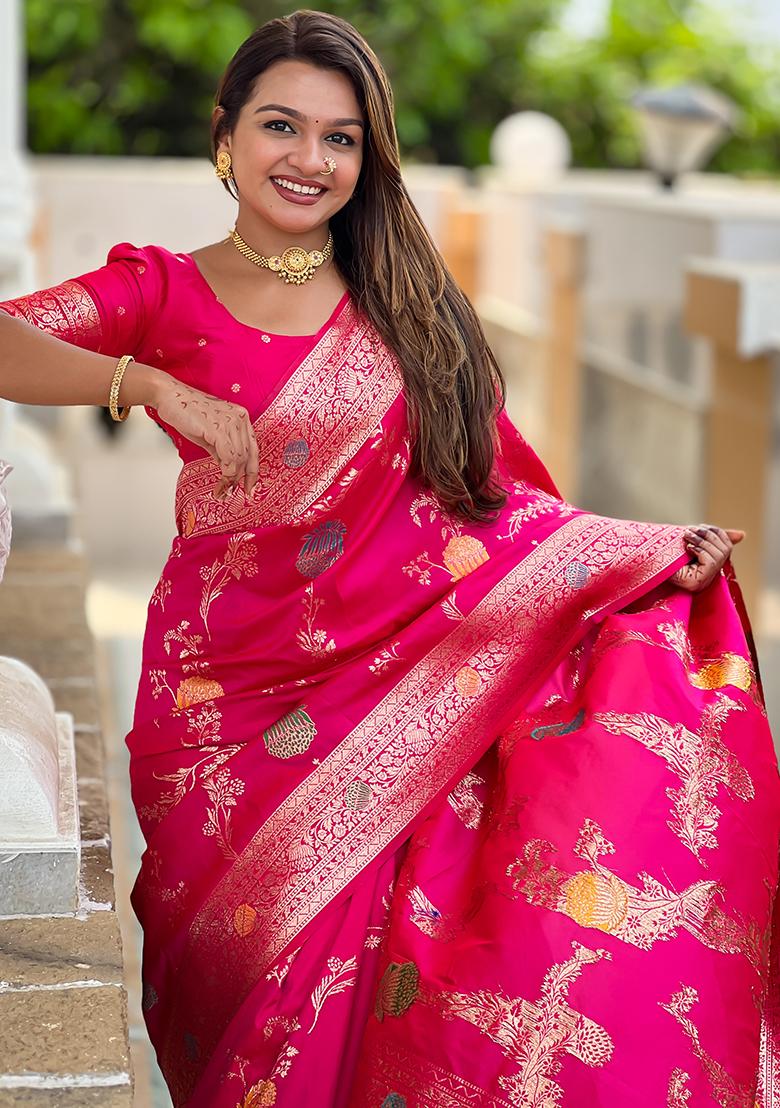 Rani Pink Woven Silk Saree Set - Indya