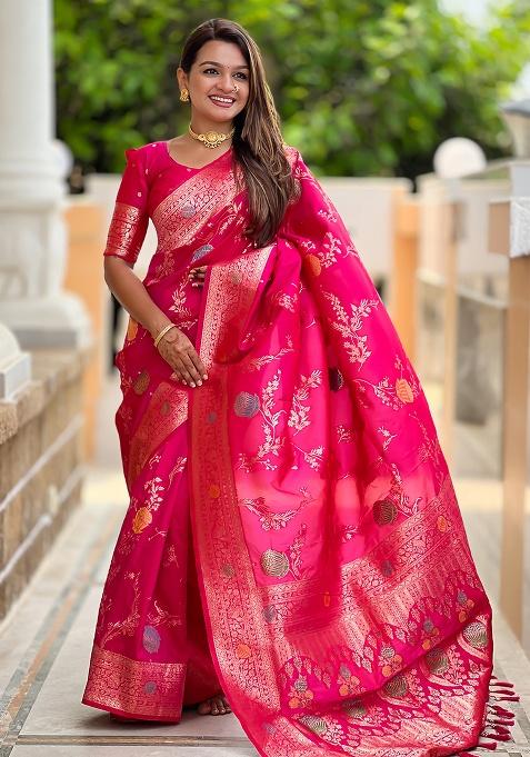 Rani Pink Woven Silk Saree Set