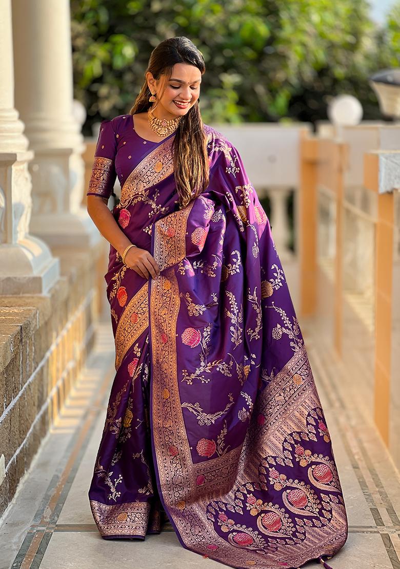 Wine Woven Silk Saree Set - Indya