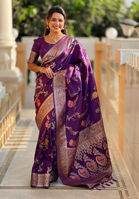 Wine Woven Silk Saree Set