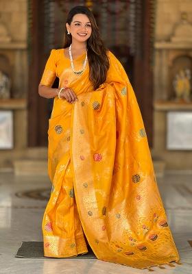 Yellow Woven Silk Saree Set