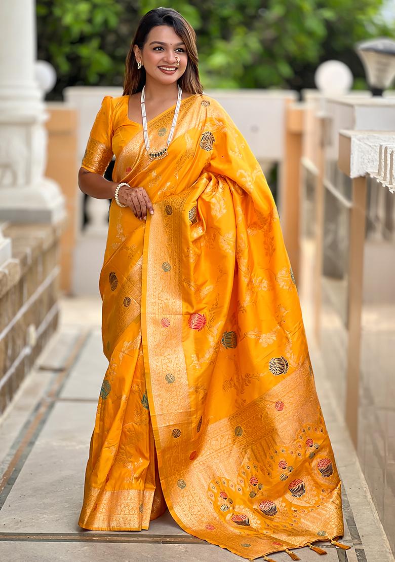 Yellow Woven Silk Saree Set - Indya