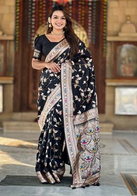 Black Woven Silk Saree Set