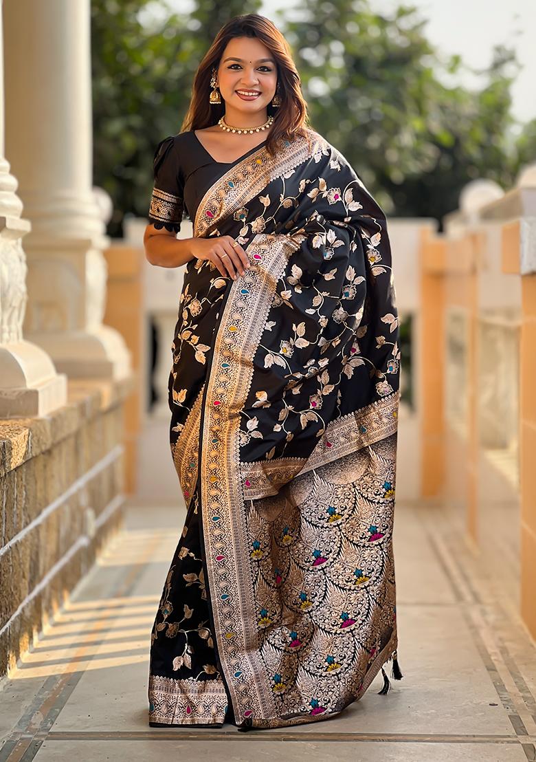 Black Woven Silk Saree Set - Indya