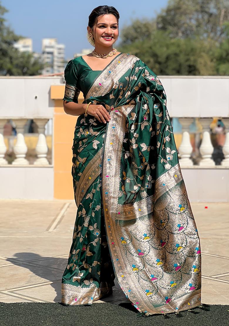 Bottle Green Woven Silk Saree Set - Indya