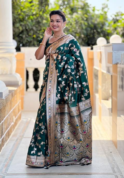 Bottle Green Woven Silk Saree Set