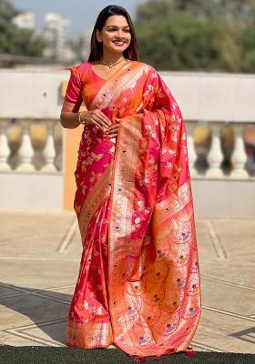 Gajari Pink Woven Silk Saree Set