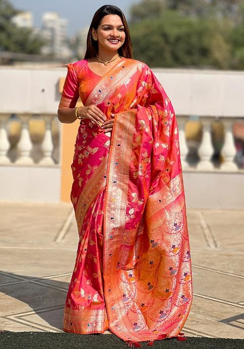 Gajari Pink Woven Silk Saree Set