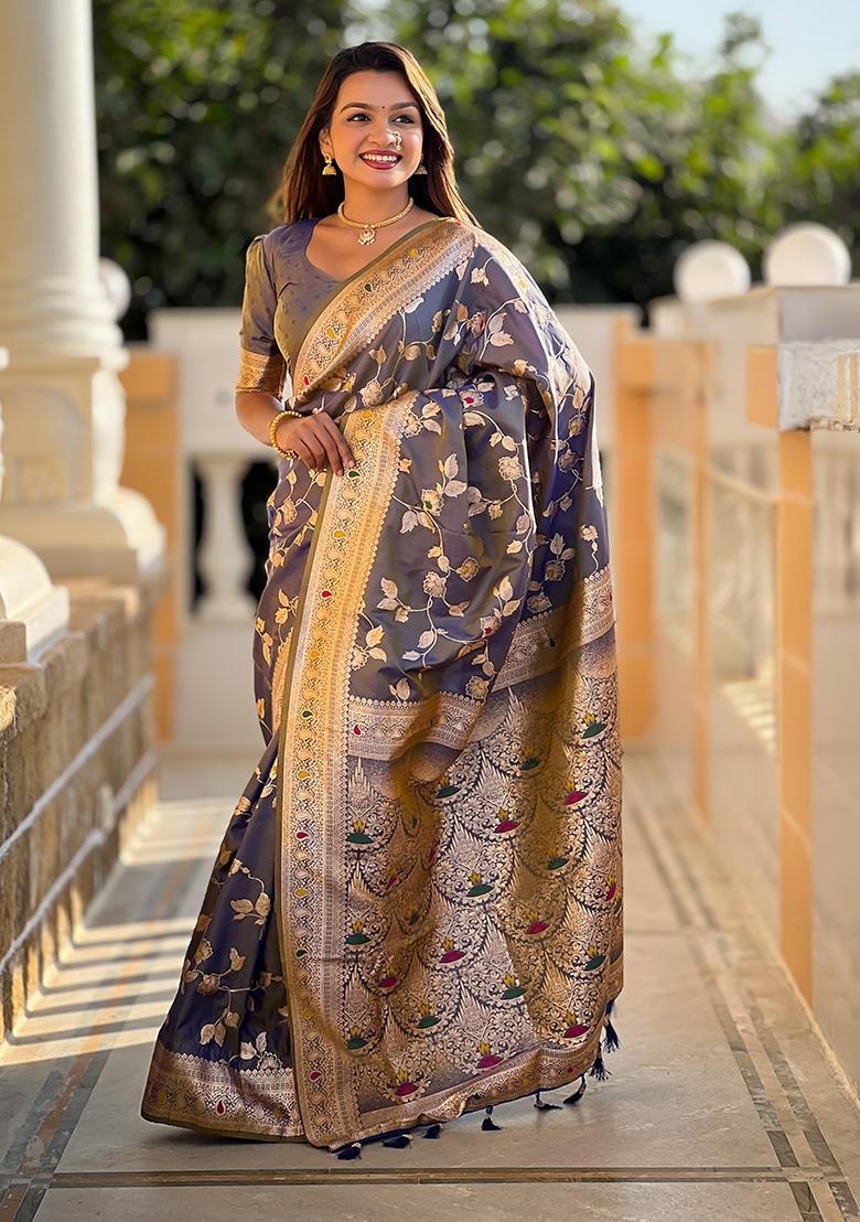 Grey Woven Silk Saree Set - Indya