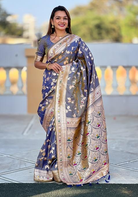 Grey Woven Silk Saree Set