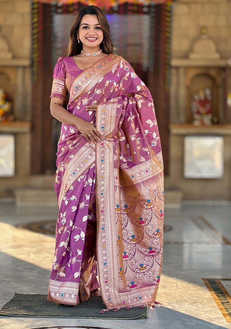 Onion Woven Silk Saree Set - Indya