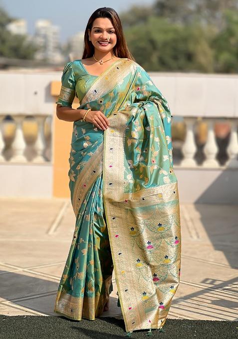 Pista Woven Silk Saree Set