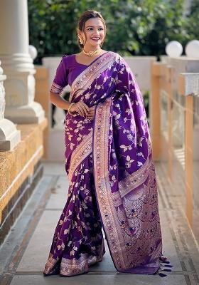 Purple Woven Silk Saree Set