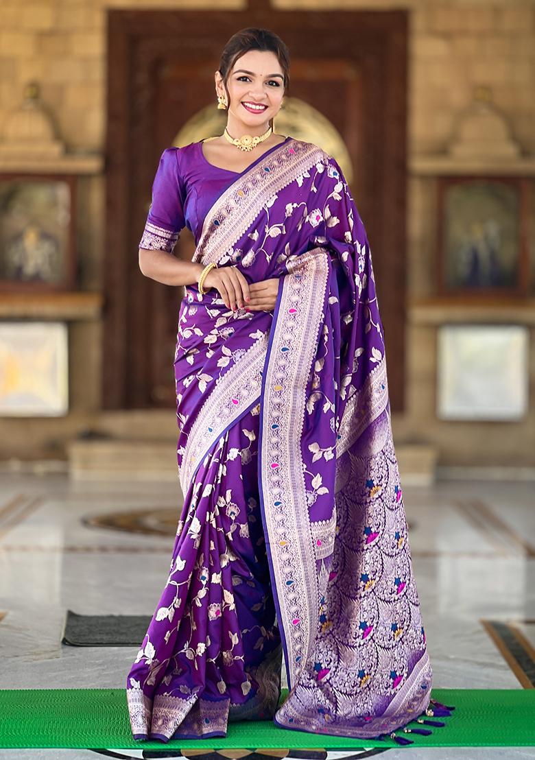 Purple Woven Silk Saree Set - Indya