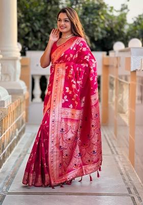 Rani Pink Woven Silk Saree Set
