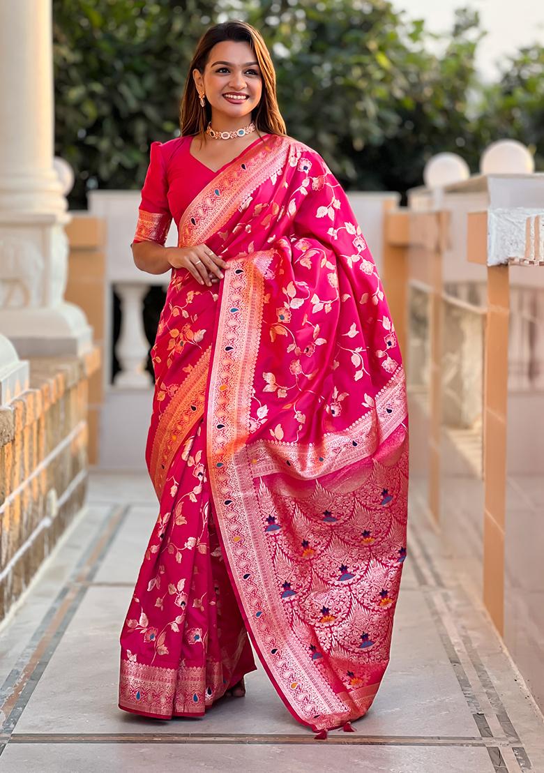 Rani Pink Woven Silk Saree Set - Indya