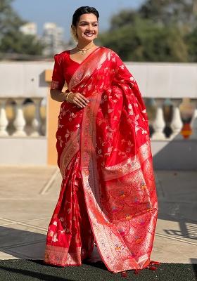 Red Woven Silk Saree Set