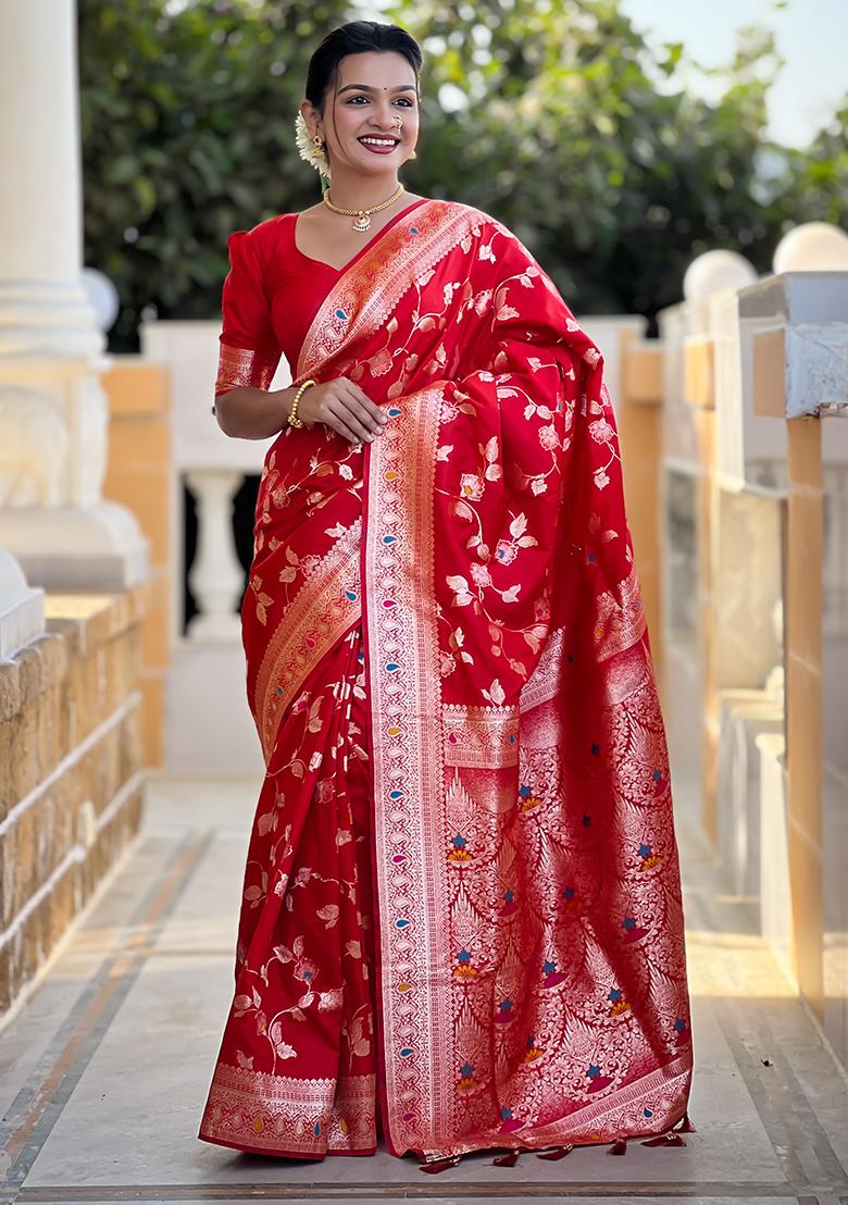 Red Woven Silk Saree Set - Indya