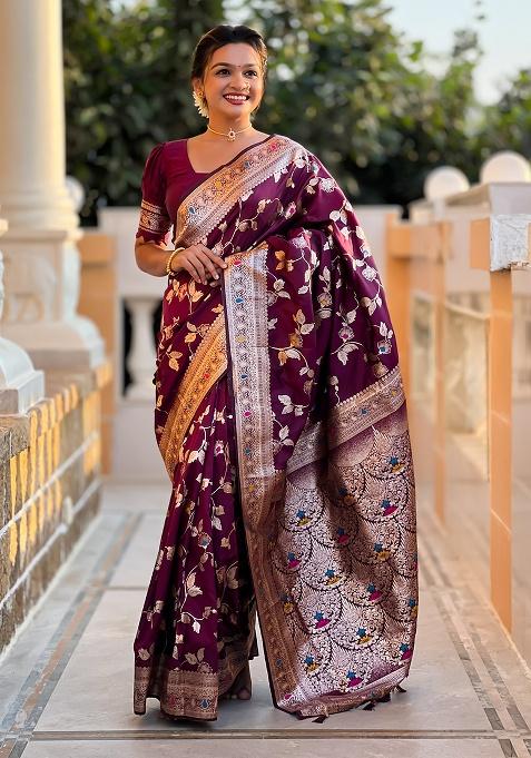 Wine Woven Silk Saree Set