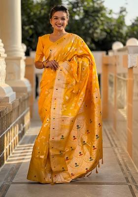 Yellow Woven Silk Saree Set