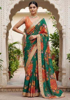 Green Embroidered Organza Saree Set