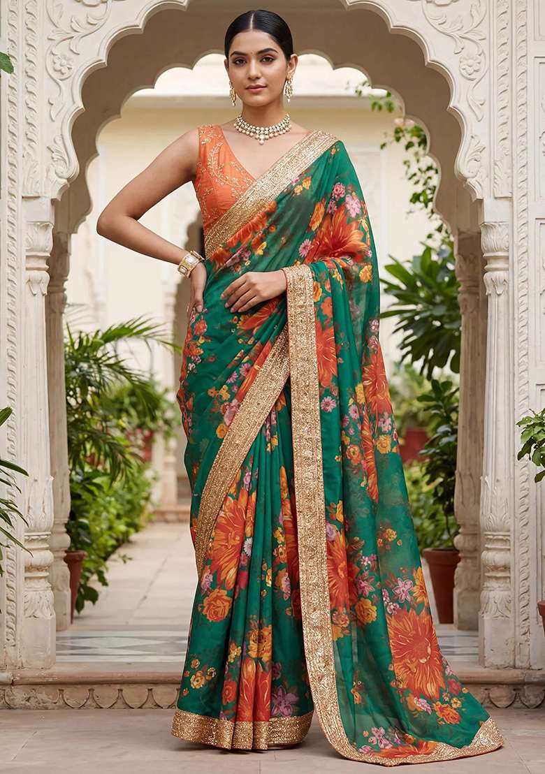 Green Organza Saree Set with Embroidered for Diwali | Wedding & Festive Wear - Indya