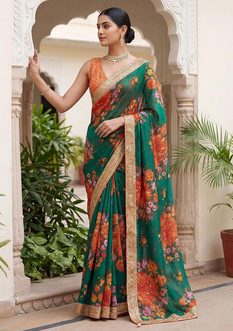Green Embroidered Organza Saree Set - Indya