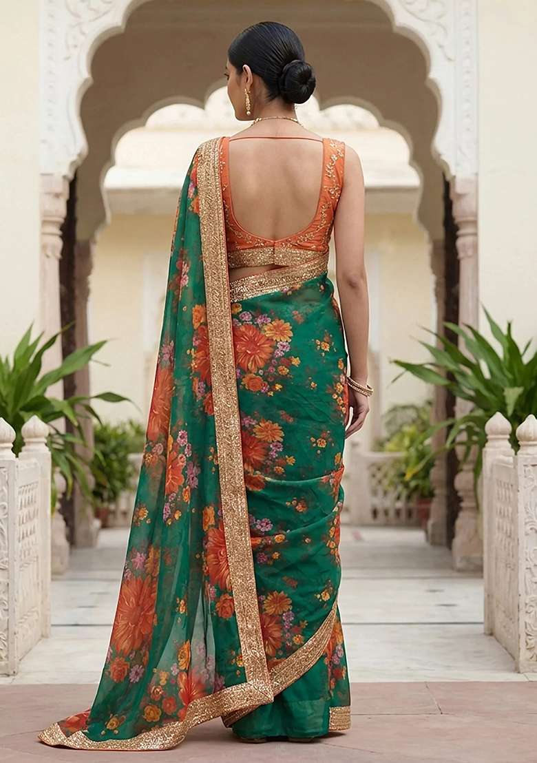 Green Organza Saree Set with Embroidered for Diwali | Wedding & Festive Wear - Indya