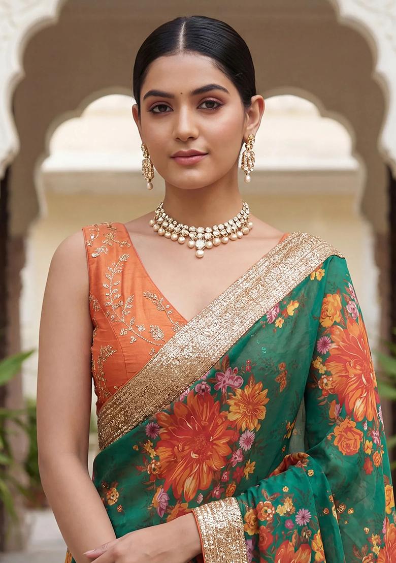 Green Embroidered Organza Saree Set - Indya