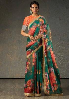 Green Embroidered Organza Saree Set