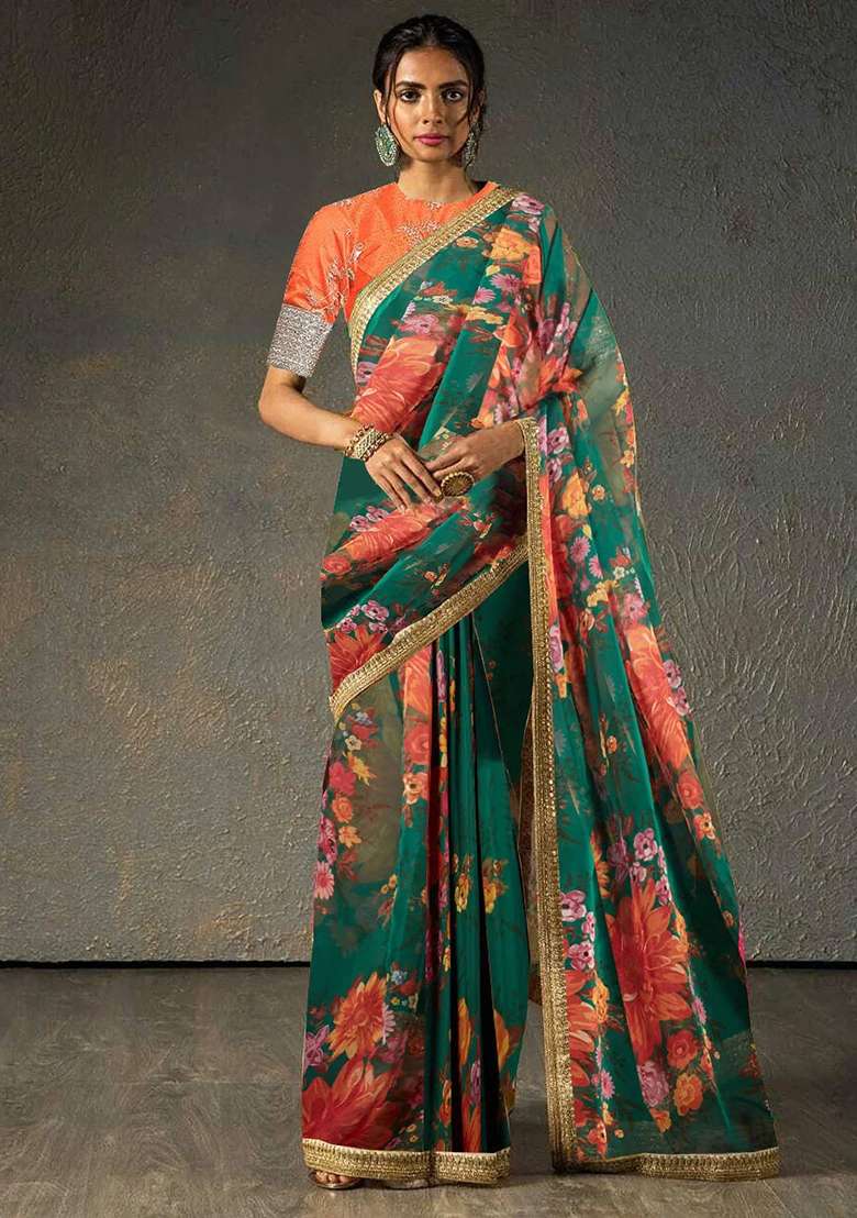 Green Embroidered Organza Saree Set for Diwali and Festive Wear - Indya