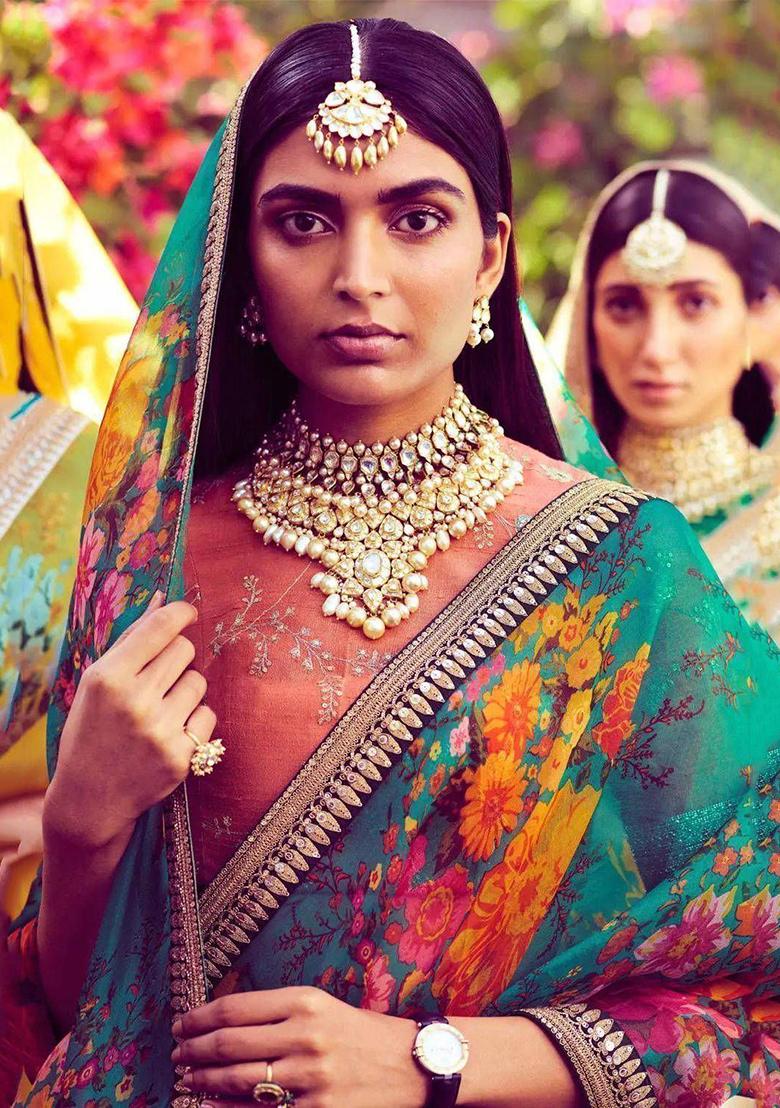 Green Embroidered Organza Saree Set - Indya