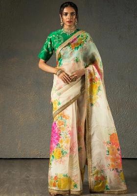 Off White Embroidered Organza Saree Set