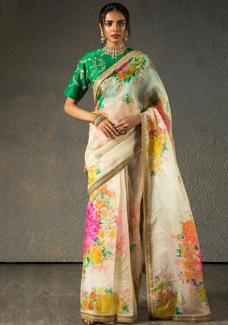 Off White Embroidered Organza Saree Set - Indya