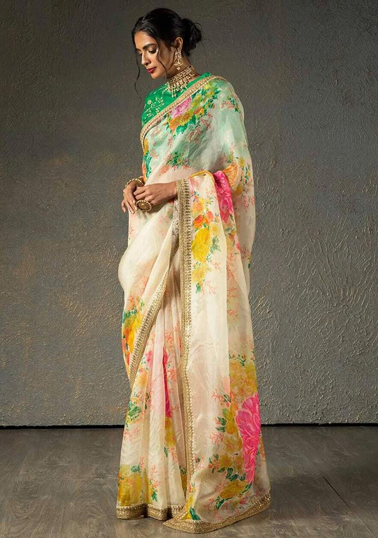 Off White Embroidered Organza Saree Set - Indya