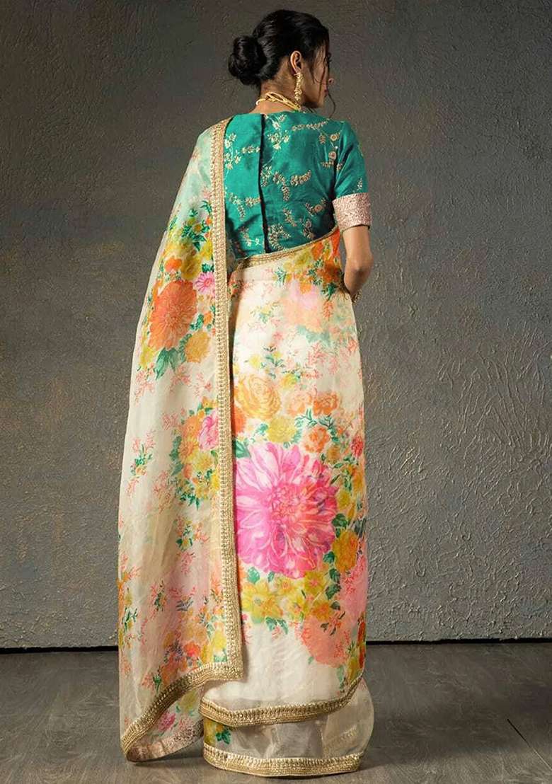 Off White Embroidered Organza Saree Set - Indya