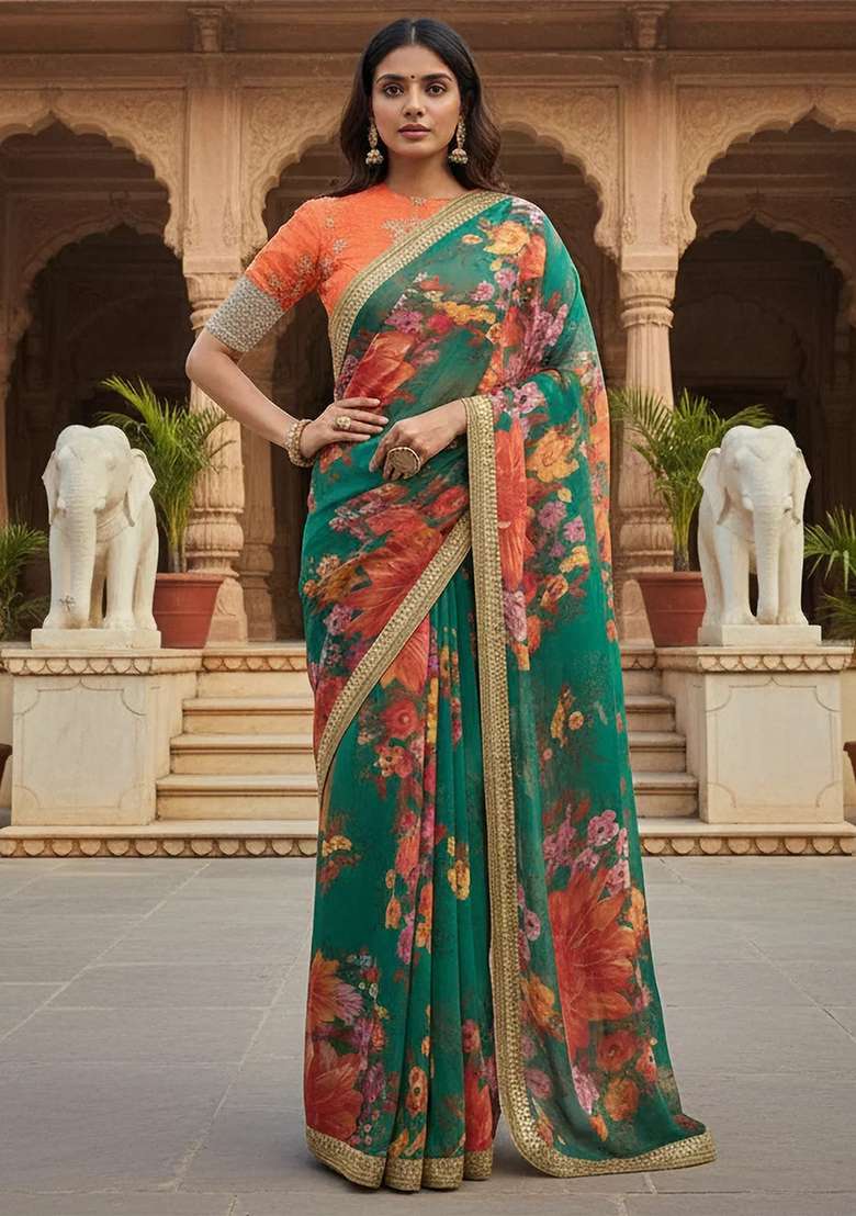 Green Embroidered Organza Saree Set for Diwali and Festive Wear - Indya